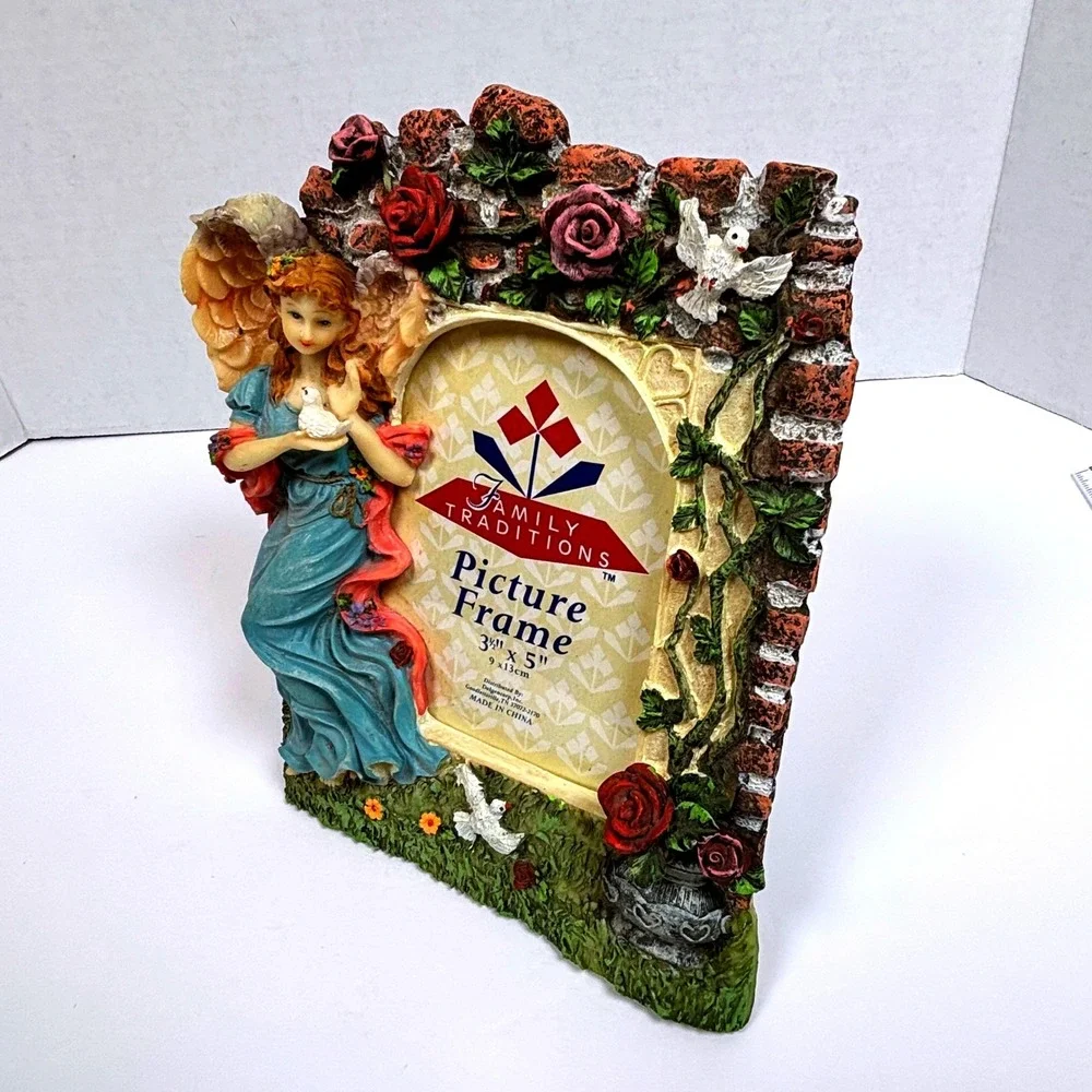 Vtg 90s Guardian Angel Resin PhotoFrame Dove Floral Roses Garden Victorian Fairy